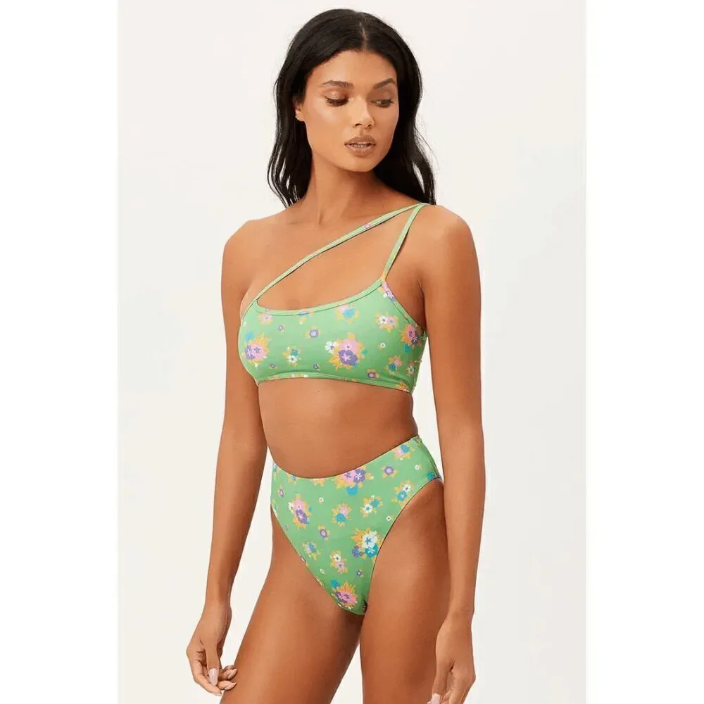 Frankie’s Bikinis Green Floral Oliver One Shoulder Bikini Top Meadow M NWT